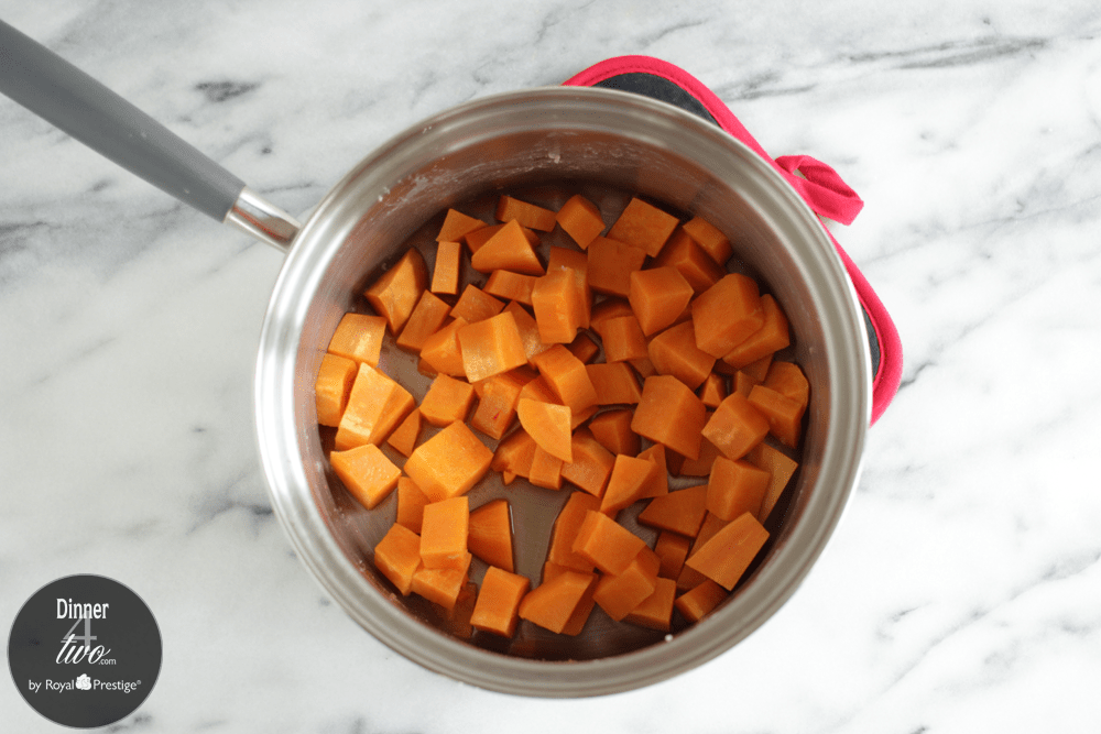 Cubed Sweet Potatoes in 2 quart sauce pan Kitchen Charm Cookware