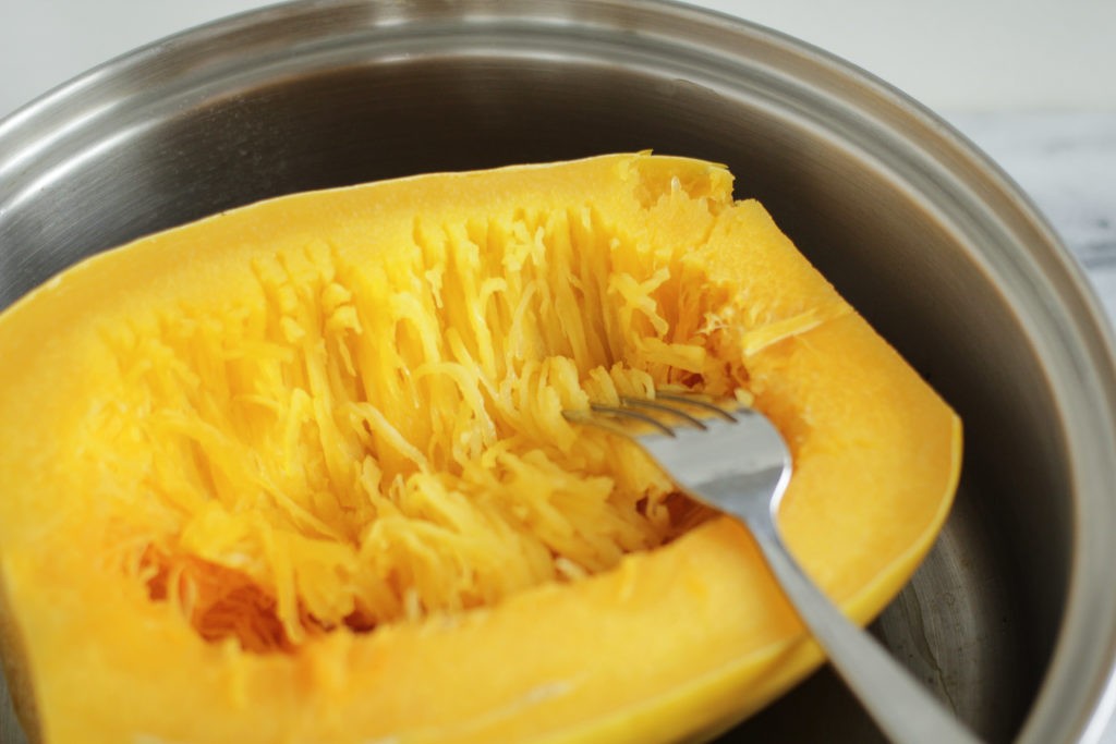Spaghetti squash with garlic sauce step by step instructions for cooking on the stovetop in waterless stainless steel cookware